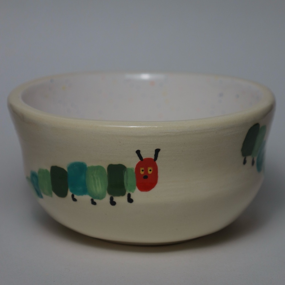 Hand-Painted Ceramic Bowl with Colorful Caterpillar